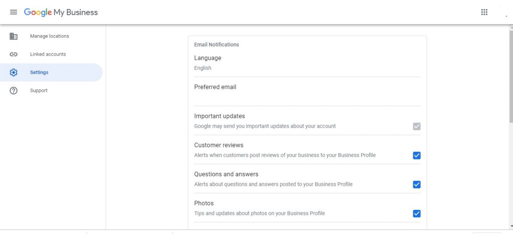 Settings section in Google My Business