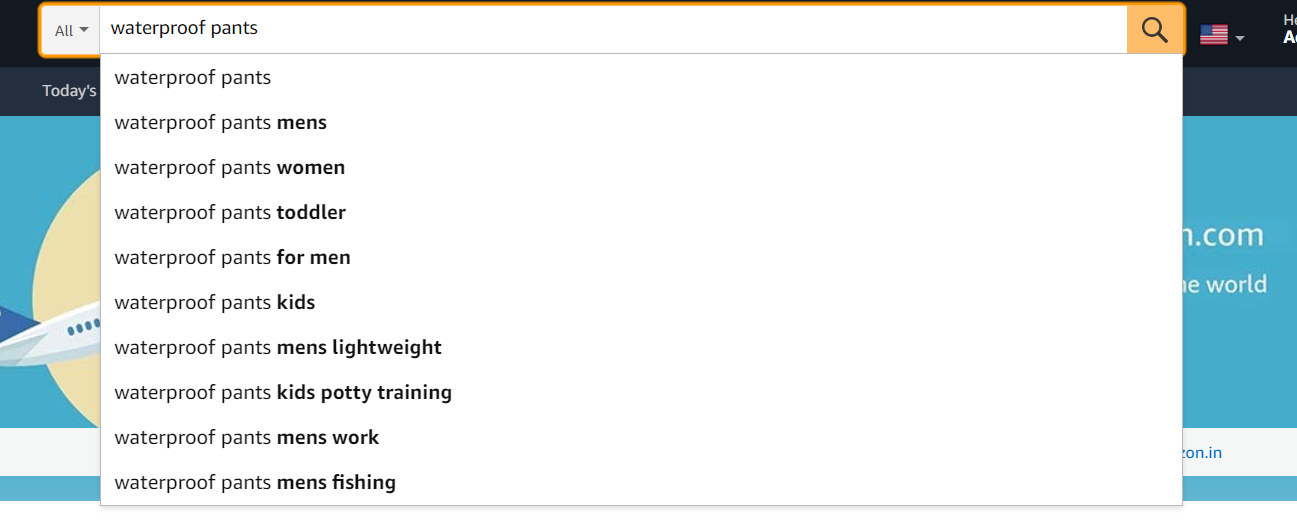 Searching for “waterproof pants” on Amazon.