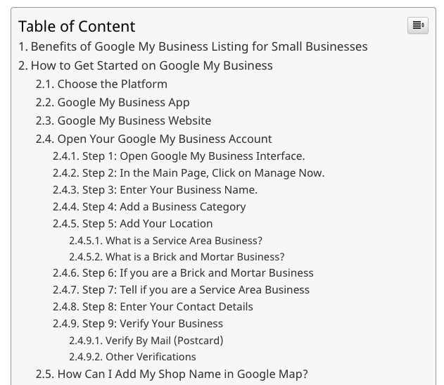table of content